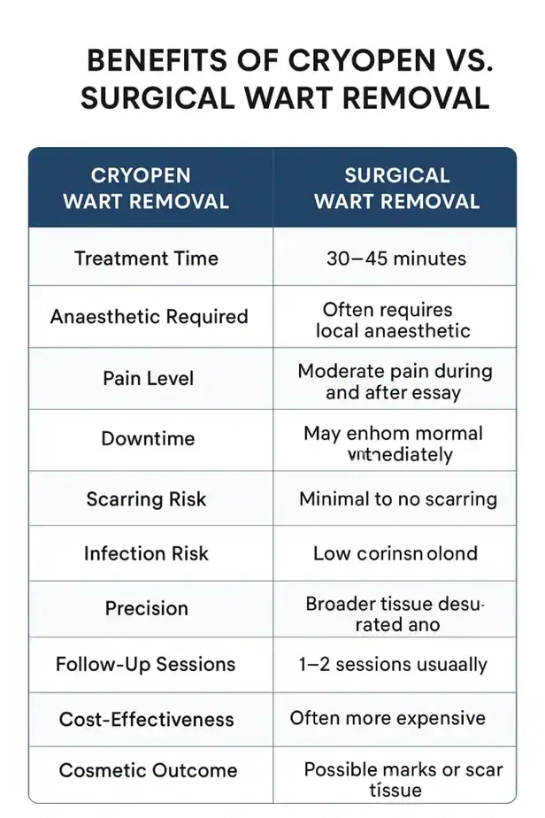 Table showing the benefits of cryopen to remove warts Bridgend compared to surgical treatment